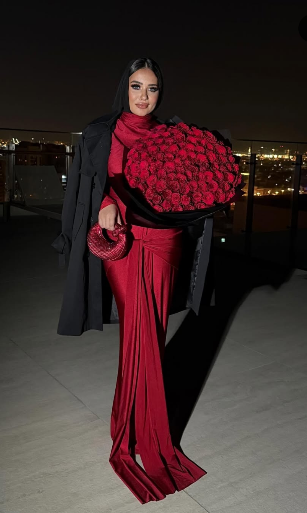 Red high neck dress