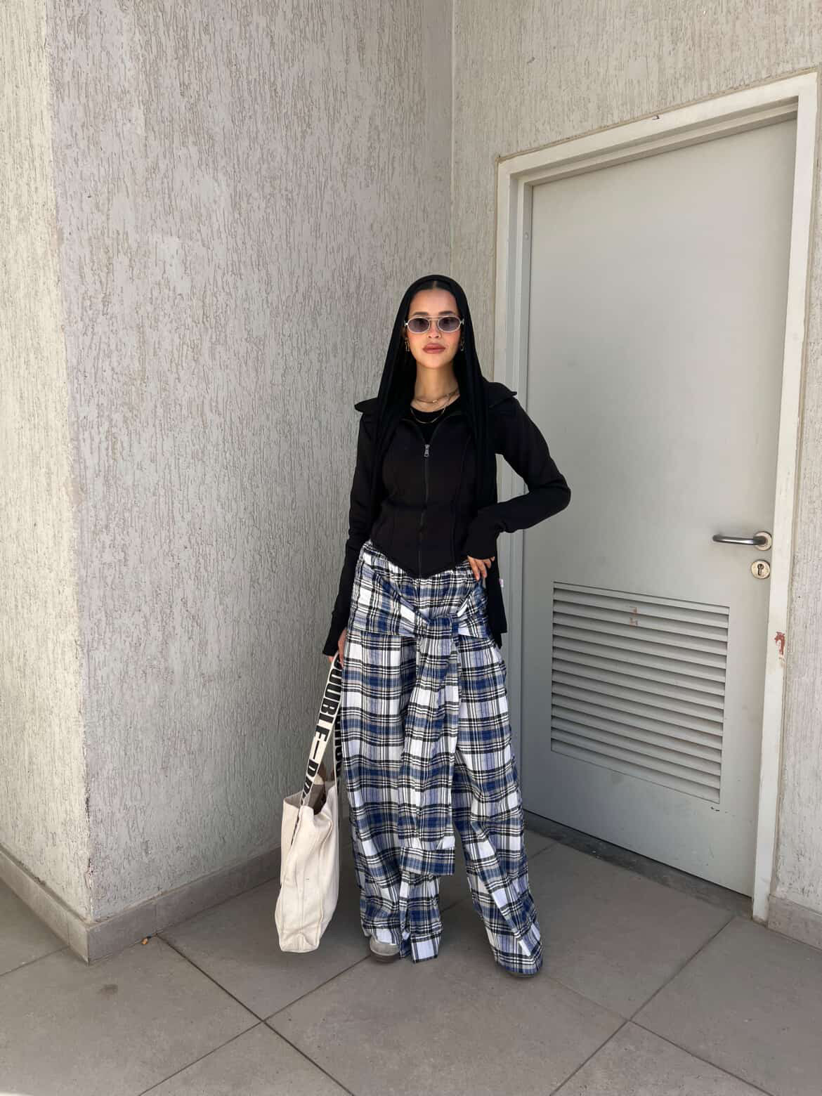 Carreaux wrapped wide leg pants grey