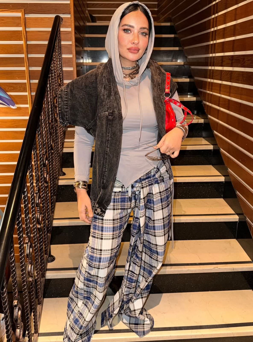 Carreaux wrapped wide leg pants grey