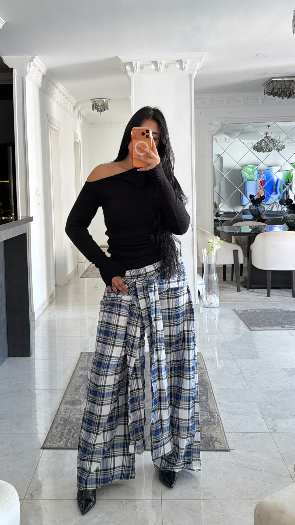 Carreaux wrapped wide leg pants grey
