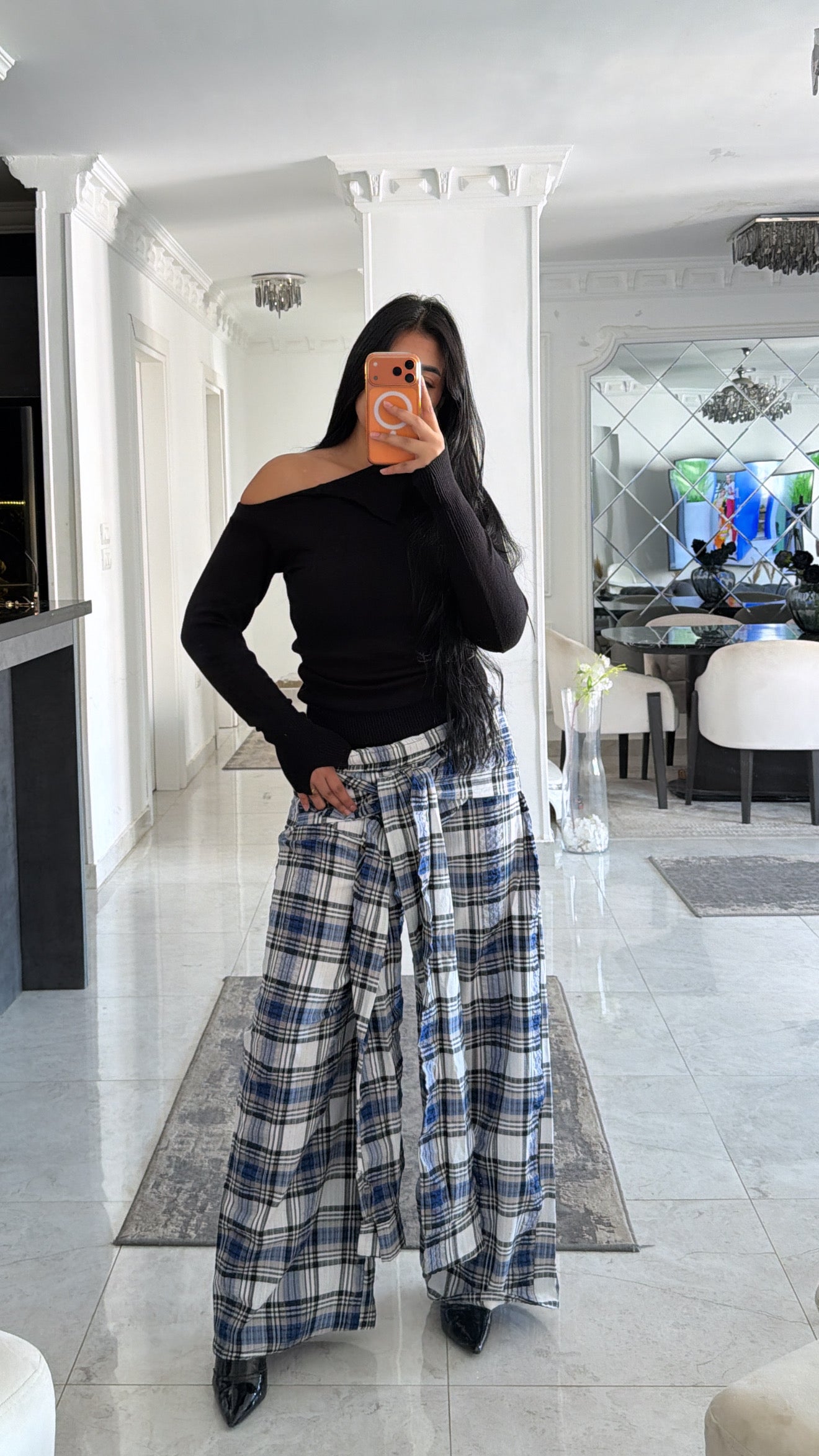 Carreaux wrapped wide leg pants grey