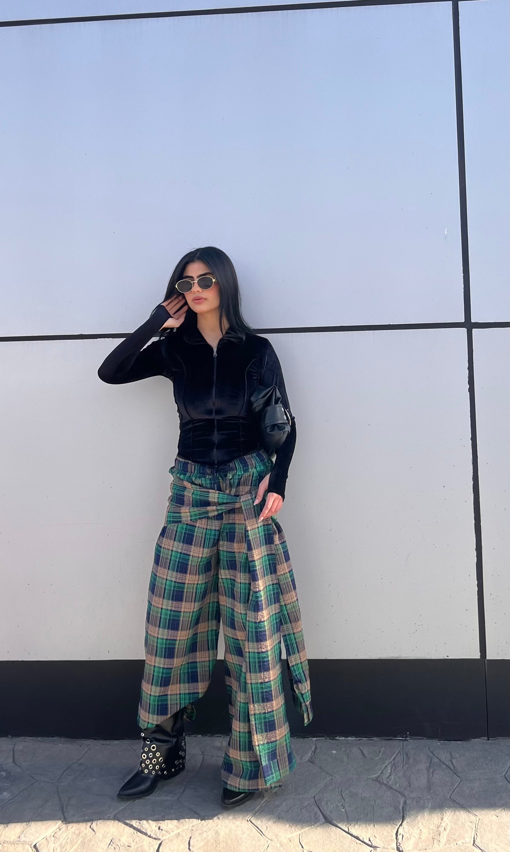 Wrapped wide leg carreaux green pants