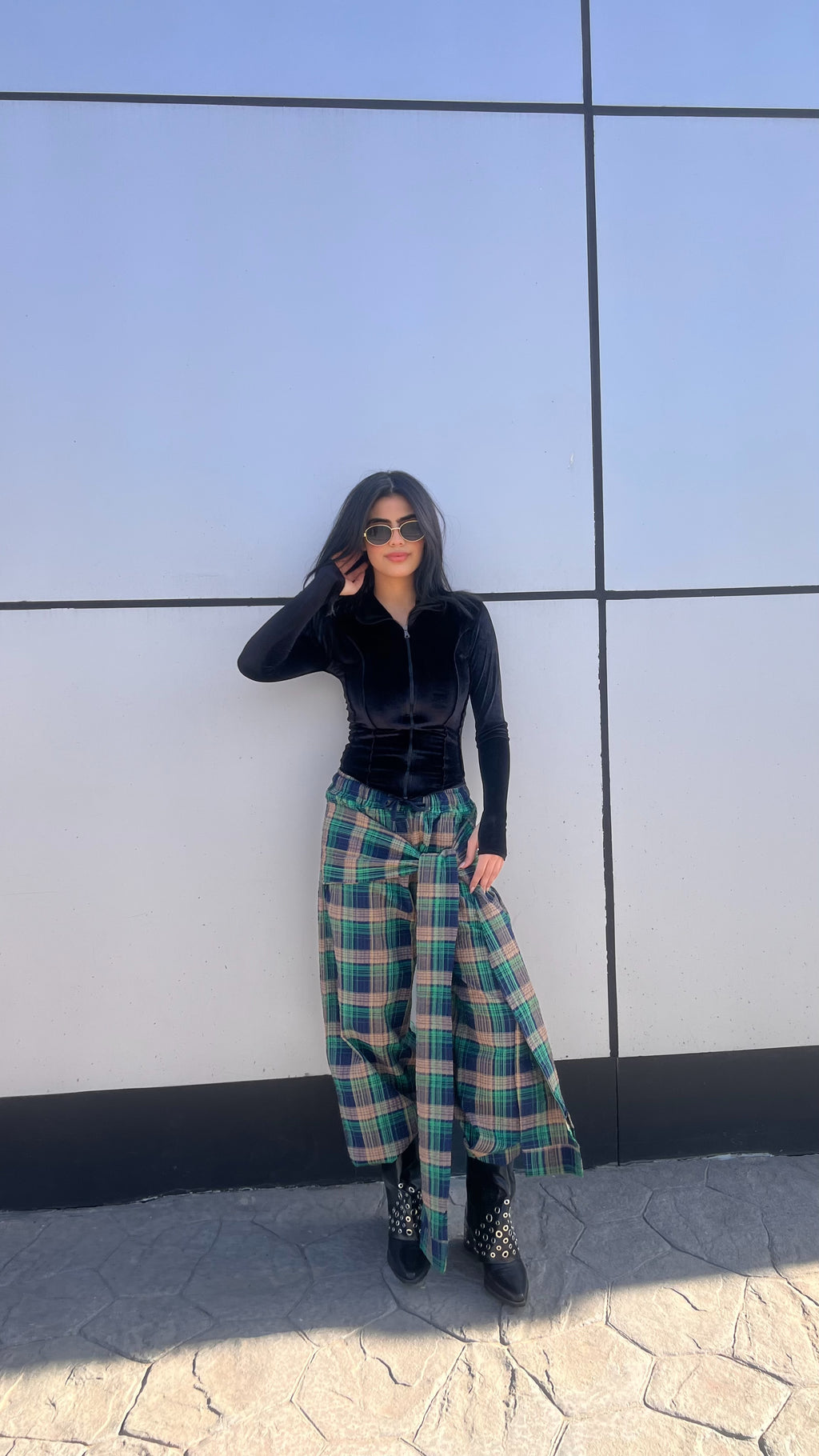 Wrapped wide leg carreaux green pants