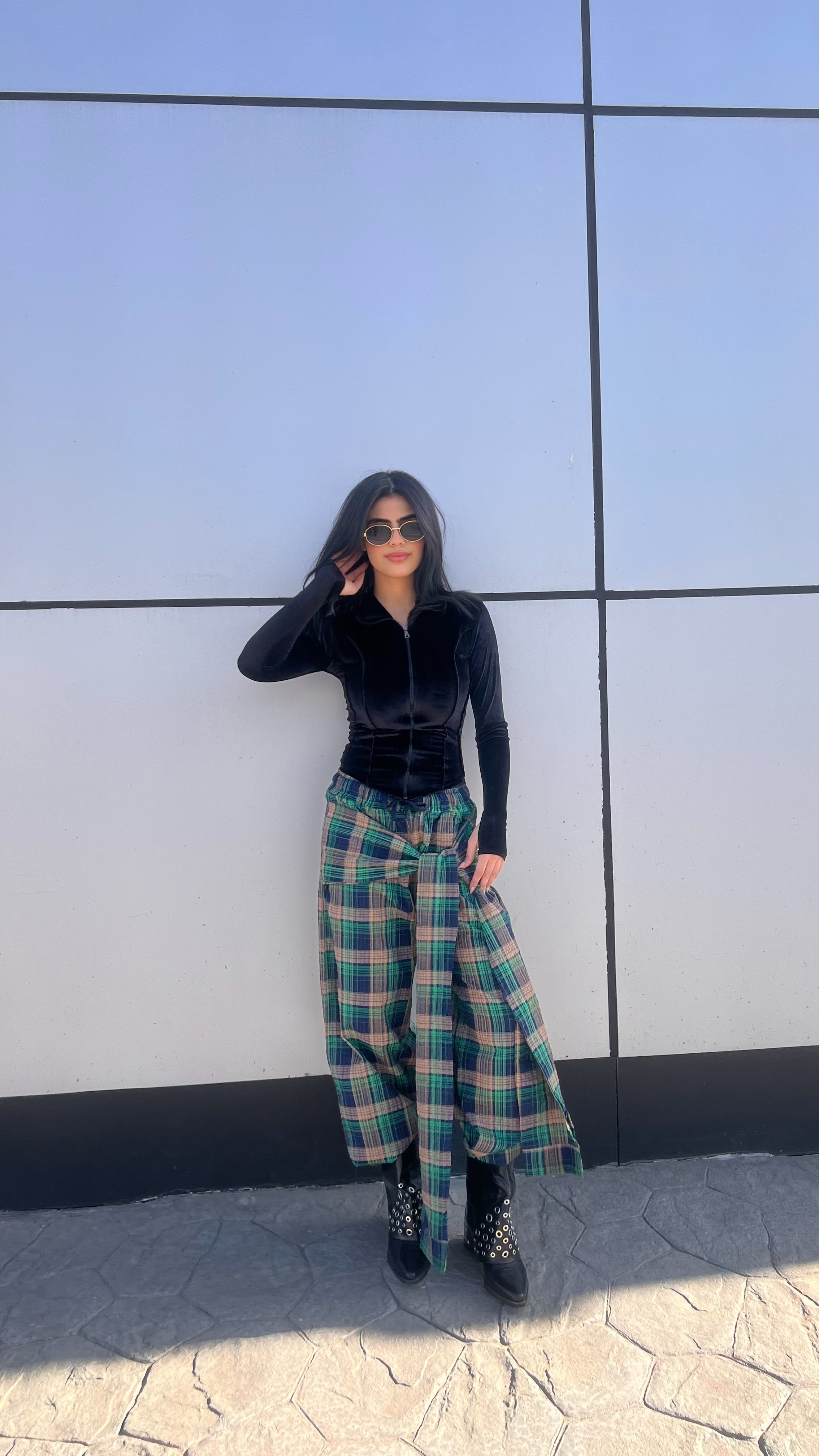 Wrapped wide leg carreaux green pants
