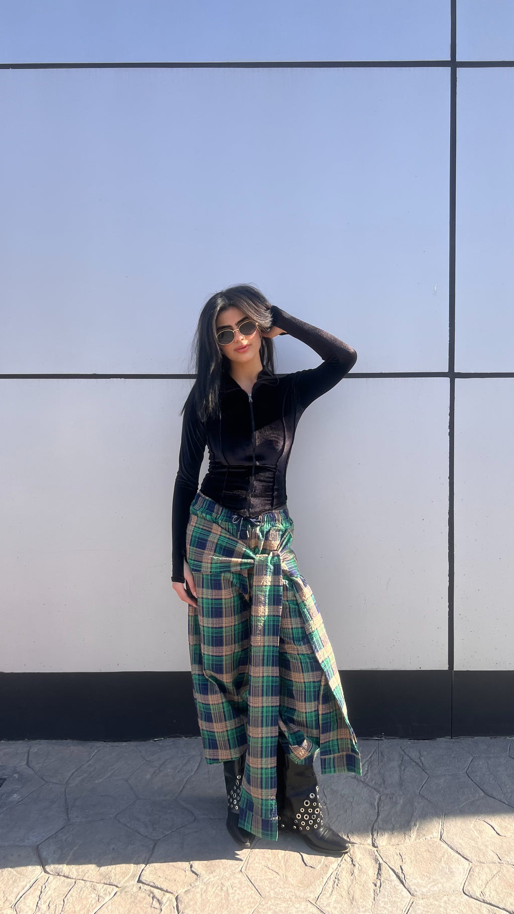 Wrapped wide leg carreaux green pants