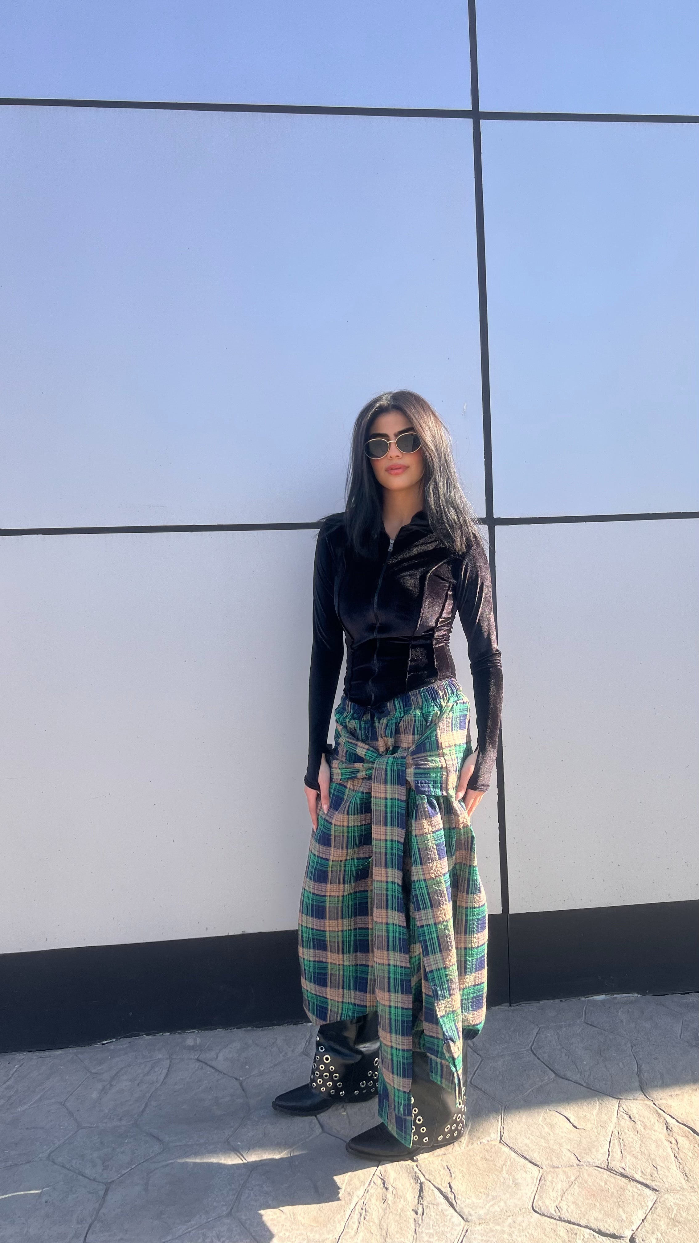 Wrapped wide leg carreaux green pants