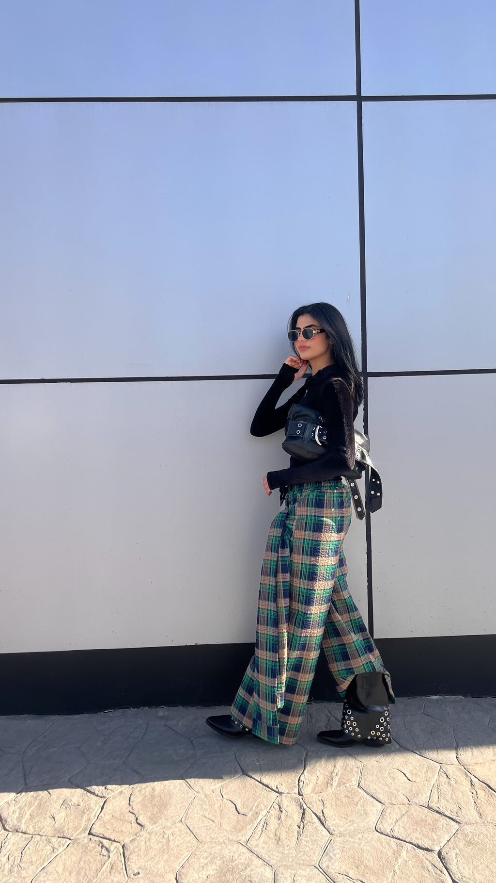 Wrapped wide leg carreaux green pants