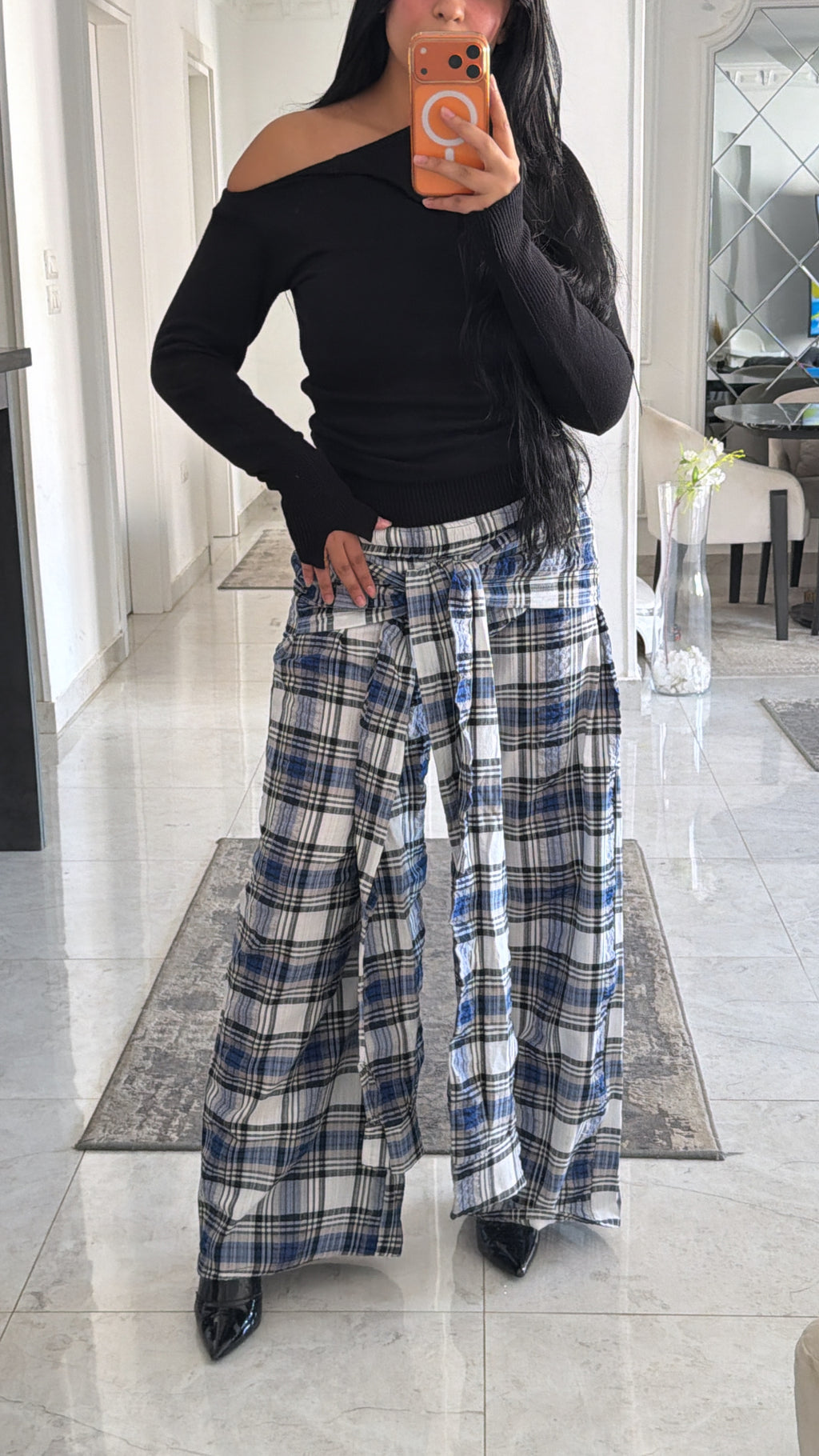 Carreaux wrapped wide leg pants grey