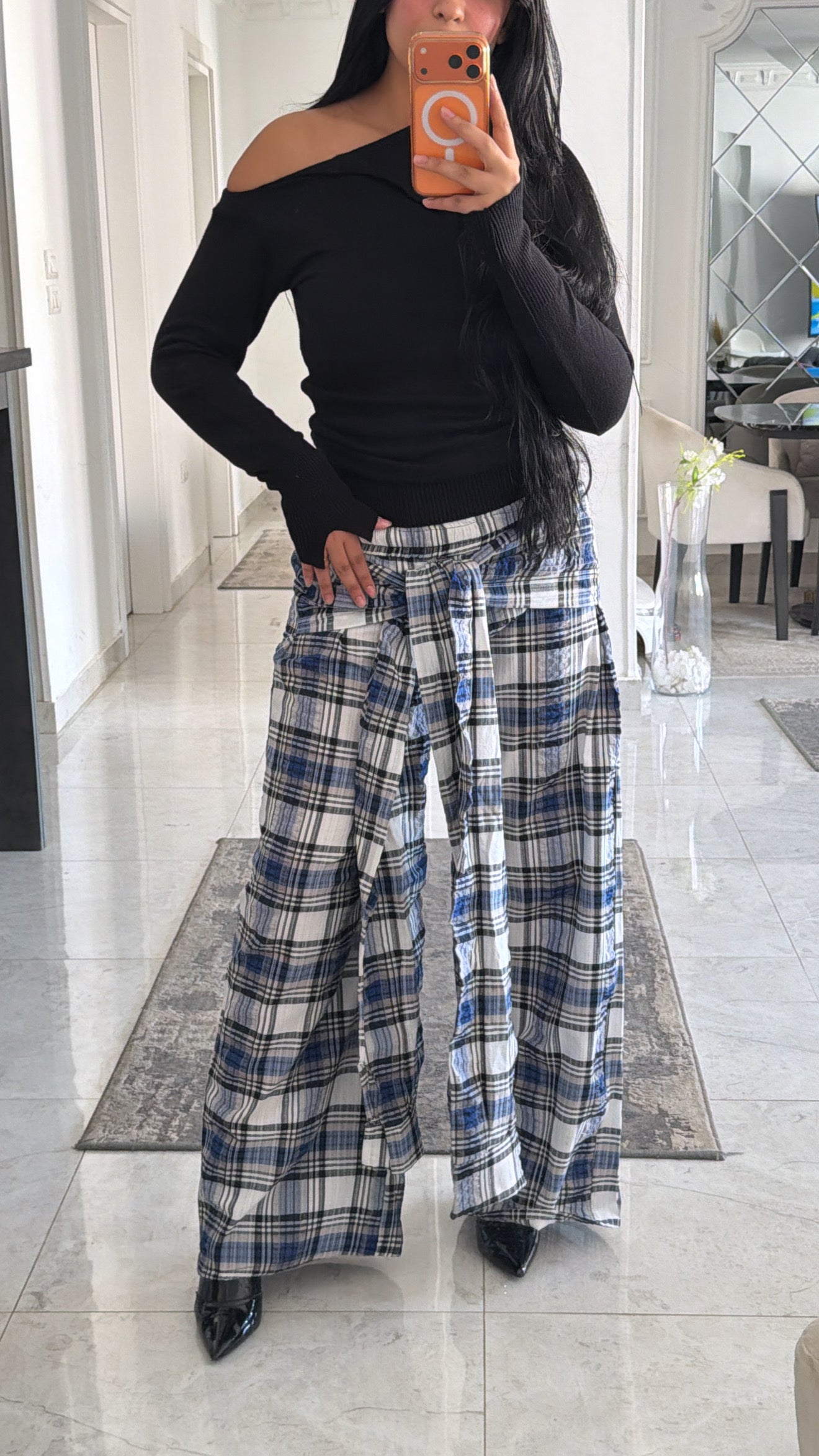 Carreaux wrapped wide leg pants grey